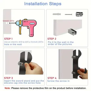Detailed installation step guide showing how to mount the sword stand securely on wall.
