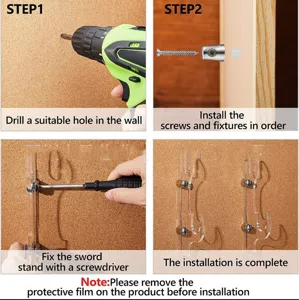 Clear installation guide showing step-by-step assembly of the clear acrylic sword wall mount.