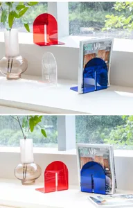 Clear acrylic bookends detail view, minimalist desktop book organizer for modern home decor shelf.