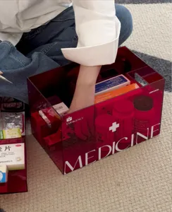 Clear red acrylic medicine storage box for home emergency medical organizer container size