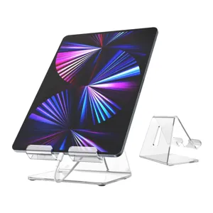 Clear acrylic tablet stand desktop holder transparent bracket for iPad display and office desk use.