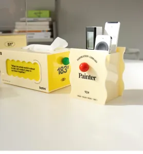 Acrylic desktop organizer detail view, modern creative yellow and white storage box design.