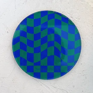 Retro wavy checkerboard round acrylic coaster and perfume tray for home bar and cafe decor.