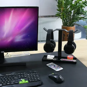 Acrylic dual headphone stand desktop headset holder organizer with base tray for gaming office use