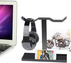 Black acrylic headphone stand with desk base tray, sturdy desktop headset holder for gaming.