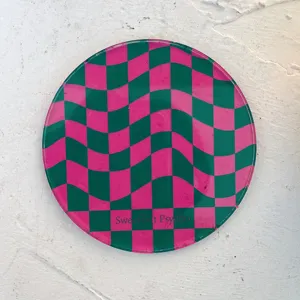 Retro pink green wavy checkerboard acrylic coaster round minimalist cup pad table decor