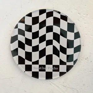 Minimalist retro black white wavy checkerboard round acrylic coaster for coffee shop decor