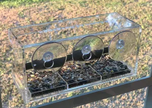 Clear window bird feeder with suction cups and seed tray for outdoor wild birds.
