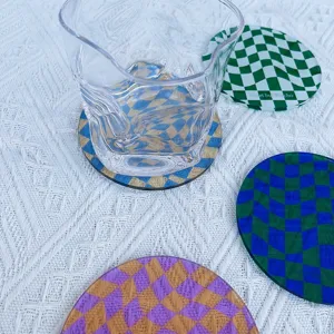 Retro wavy checkerboard acrylic cup coasters set, aesthetic clear glass drink mats for home decor.