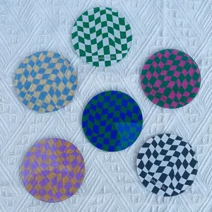 Detailed close-up view of retro wavy checkered acrylic coasters showcasing vibrant color options.