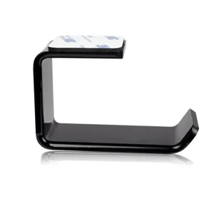 Acrylic headphone holder detail showing sturdy L-shape design and strong adhesive tape backing.