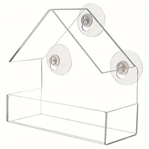 Comedero para pájaros de acrílico transparente en forma de casa con fuertes ventosas