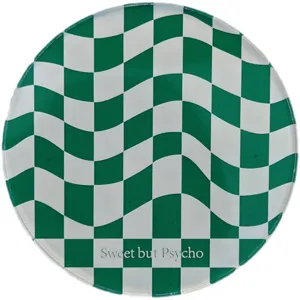 Retro green wavy checkered acrylic coaster, stylish round decorative tray for home desk.