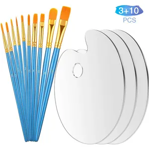 Paleta transparente acrílica y juego de pinceles azules para pintura artística y manualidades.