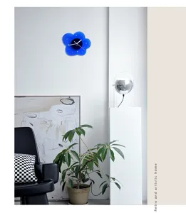 Modern Klein blue acrylic wall clock, silent floral clock for living room home decor.