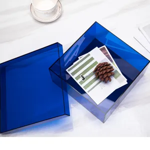Close-up detail of the transparent blue acrylic storage box, highlighting its clean texture and style.