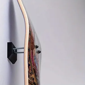 Wall mounted skateboard display bracket detail showing sturdy metal screws and minimalist design.