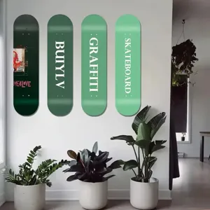 Wall mounted skateboard display bracket detail showing modern green decorative skateboards.