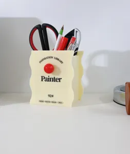 Acrylic wave pen holder with red ball knob, cute desk organizer for office and school.