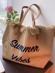 Korean style straw canvas tote bag for women, large capacity casual shoulder bag with fringe.