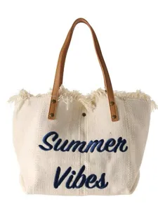 Canvas tote bag with brown handles and Summer Vibes embroidery, front view main image.
