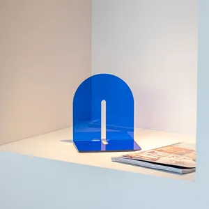 Modern blue acrylic arch bookend for desktop organization, sleek minimalist L-shaped design.
