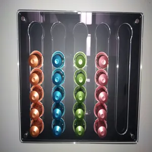 Acrylic wall-mounted coffee capsule storage rack organizer for office, bar, and home use.