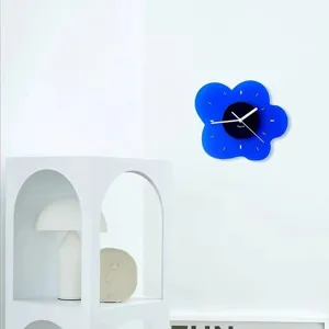 Modern acrylic Klein blue wall clock, silent minimalist floral hanging clock for living room.