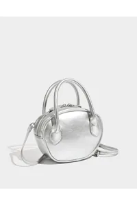 Silver metallic shell handbag detail, chic bowling bag design with top handles and strap.