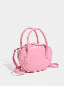 Pink leather shell bag women stylish bowling bag casual top handle crossbody bag.