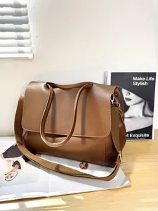 Große braune PU Leder Umhängetasche stilvolle Alltagstasche Shopper für Damen neu