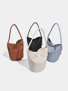 Women Fashion Casual PU Leather Bucket Bag Minimalist Litchi Pattern Commuter Shoulder Underarm Handbag