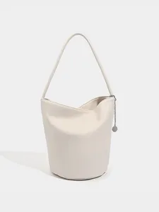 Chic cream white faux leather bucket bag, solid minimalist shoulder handbag for daily women wear.