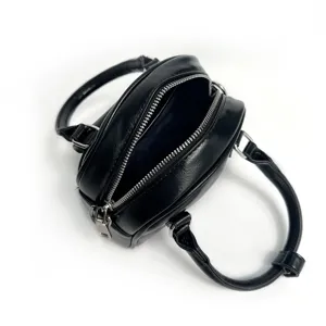Women black PU leather handbag retro chic dome shell crossbody bag elegant shoulder purse