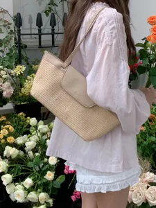 Summer french vintage woven shoulder bag straw bag for women chic holiday beach casual