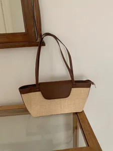 Summer French vintage straw woven shoulder bag women chic contrast color beach bag