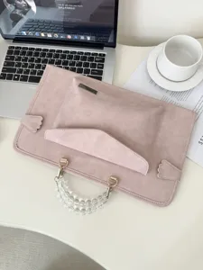 Custodia per laptop in camoscio rosa con manico di perle, borsa da lavoro per 13 14 15 pollici.
