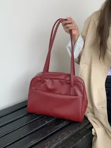 Vintage dunkelrote Leder Umhängetasche für Damen, große Kapazität modische Retro Achseltasche.