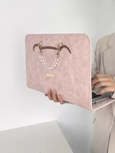 Rosa süße Laptoptasche Schutzhülle mit Bären-Design und Perlen-Griff für 13 14 15 16 Zoll Laptops