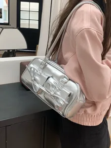 Silberne metallische Bowling-Schultertasche mit niedlicher Schleife, schicke Damen-Unterarmtasche