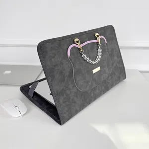 Graue Wildleder Laptoptasche mit Bären Design und Perlen Griff für 13 14 15 16 Zoll