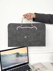 Stilvolle graue Laptoptasche mit süßem Bären-Umriss und Perlen-Tragegriff für 13 14 15 16 Zoll.