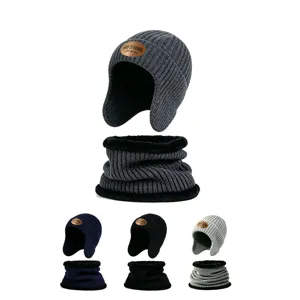 Conjunto Combinado Gorro Punto Canalé Invierno Unisex Calentador Cuello Forro Polar Gorra Orejeras Bufanda Al Aire Libre Térmico