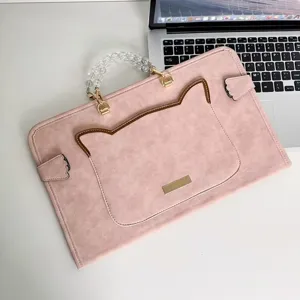 Borsa per laptop rosa con manico di perle e design con orecchie di gatto per 13 14 15 pollici