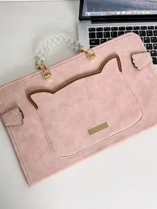 Borsa rosa per laptop con manico di perle e design a orecchie di gatto per notebook 13 14 15.