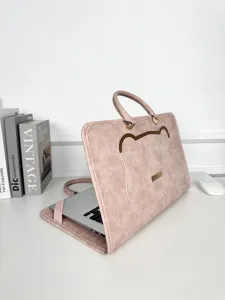 Sacoche rose pour ordinateur portable avec poignée et oreillettes d'ours pour 14 15 16 pouces.
