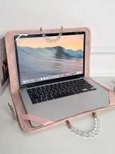 Custodia per laptop in morbido velluto rosa con manico di perle per notebook 13-15 pollici.