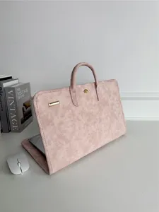 Pink suede laptop handbag sleeve with handle, vintage business notebook protective case main view.