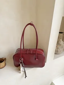Μινιμαλιστική κόκκινη δερμάτινη τσάντα ώμου, κομψή μεγάλη γυναικεία τσάντα χειρός καθημερινά.