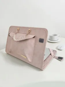 Custodia per laptop in pelle PU rosa polveroso con manico di perle e tasca frontale.